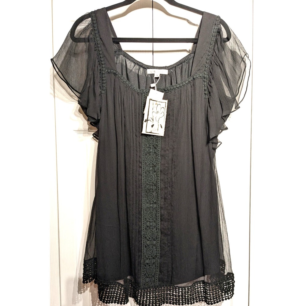 Blue Velvet Blouse Women 3X Silk Sheer Flutter Sleeve Lace Tunic Boho Witchy NWT